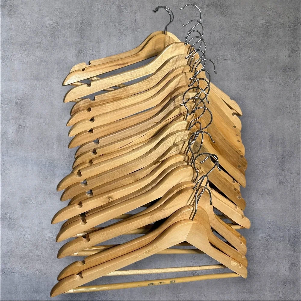 Set of 12 Natural Wood Hangers‎ with Notches and Trouser Bar